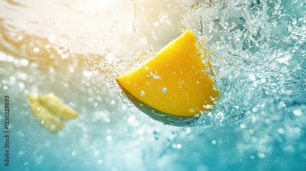 Aufkleber a yellow citrus slice submerged in clear water with splashing effects