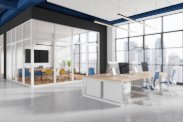 Modern office interior with glass meeting room and workstations. 3D Rendering