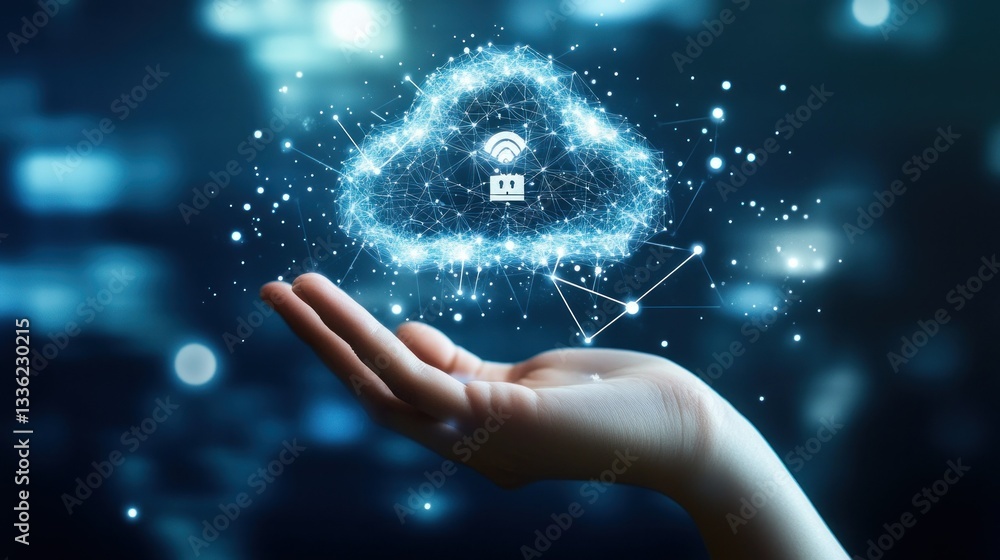Poster Hand holding a digital cloud representing data and internet access