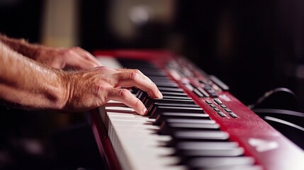 A close-up of a keyboard player&acirc;&euro;&trade;s hands on the keys, surrounded by soft lighting and musical notes, highlighting the artistry of live performances with ample copy space ,