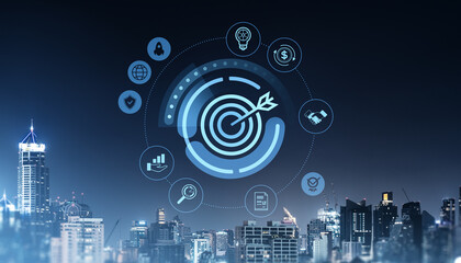 Business target concept with futuristic digital interface over city skyline.
