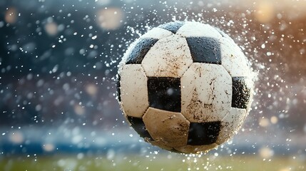 Fototapeta premium Soccer ball mid-kick with splashing water droplets, capturing dynamic energy and motion. 