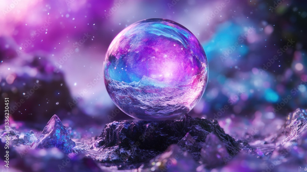 Poster a cosmic orb floating above an ethereal rocky landscape environment