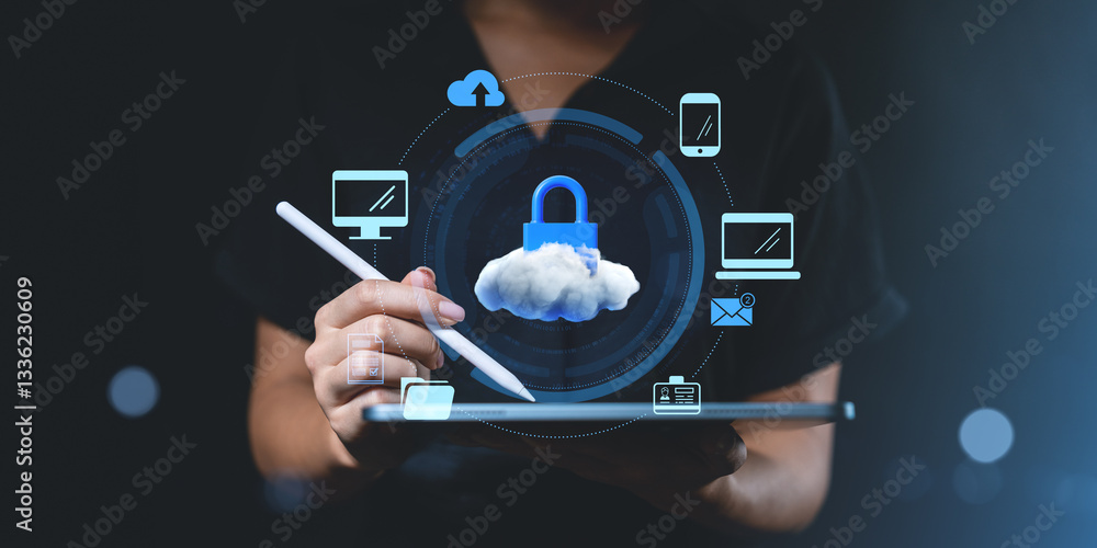 Poster cloud storage security concept with digital padlock on virtual interface.
