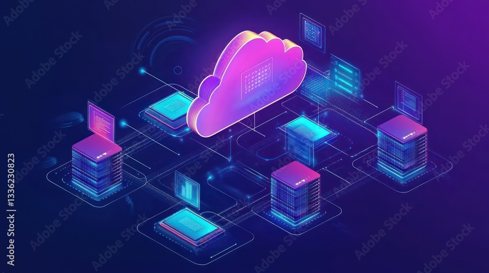 Poster An illustration depicting cloud computing architecture with interconnected systems