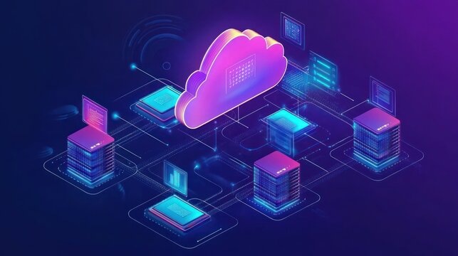An illustration depicting cloud computing architecture with interconnected systems