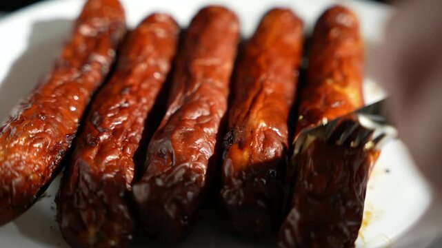 A man cuts a fried sausage with a knife on a white plate. Bratwurst on a white plate.