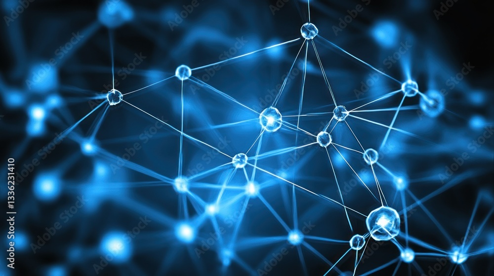 Poster glowing blue abstract network of connected spherical nodes