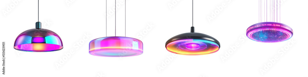 Poster and futuristic looking array of vibrant color changing pendant lamps suspended from the ceiling crea