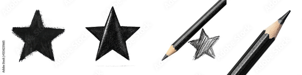 Poster a black and white image featuring simple star shapes and a pointed pencil creating a composition