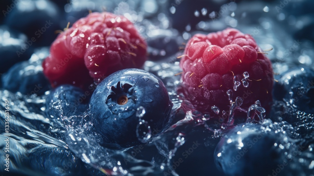 Poster fresh berries immersed in water creating a refreshing liquid scene