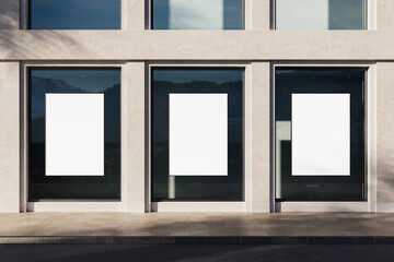 Blank posters on modern building facade for advertising mockup. 3D Rendering