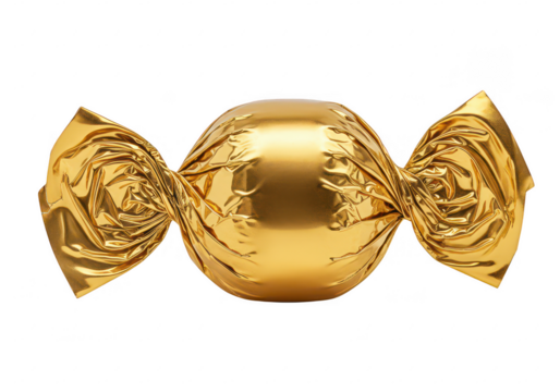 A luxurious golden wrapped candy with twisted foil edges isolated on transparent background
