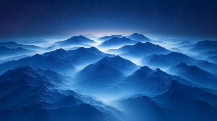 Serene night scene. Misty, blue mountains stretch to a starry sky. Tranquil, ethereal atmosphere