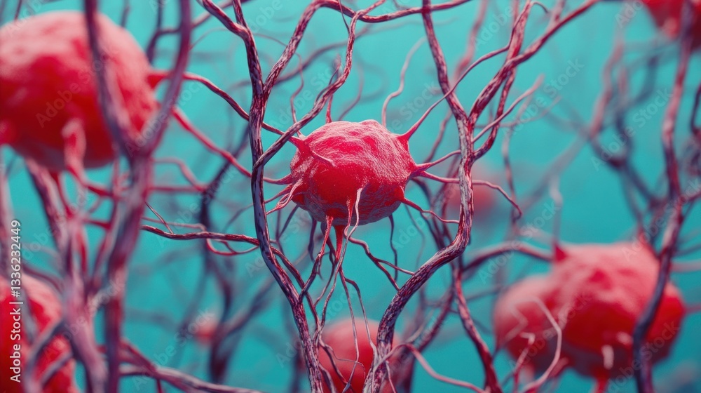 Poster Red cellular structures surrounded by interconnected vascular branches