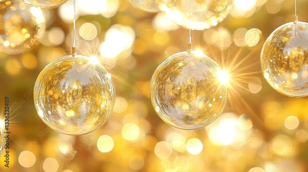 Poster sparkling golden orbs hanging in an out of focus background