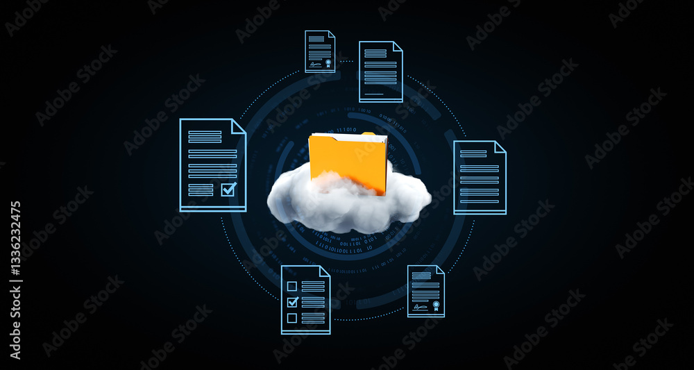 Aufkleber cloud storage concept with yellow folder and digital documents. 3d rendering