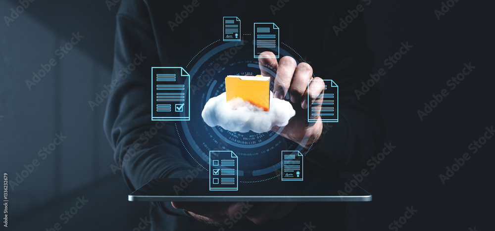 Poster digital document management concept with cloud folder and holographic files.