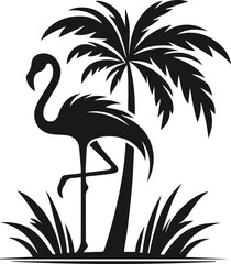 silhouette of flamingo dancing with a palm tree