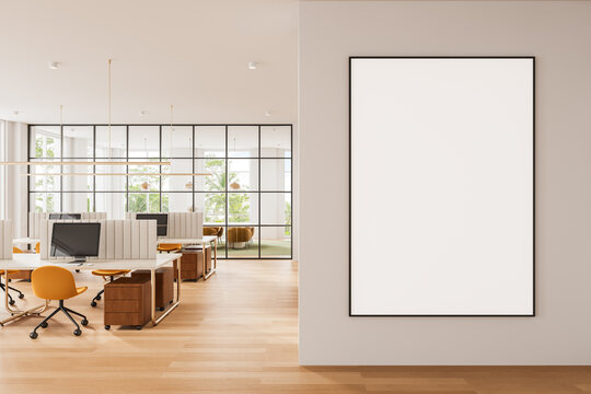 Blank framed poster mockup in modern office interior. 3D Rendering