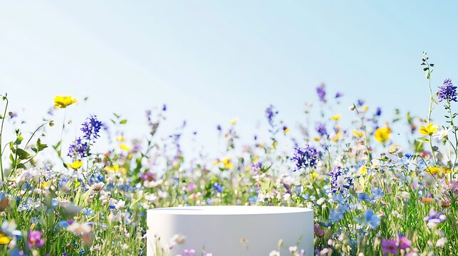 3d render White podium product stand with natural colorful flowers and grass field on spring scene background for advertising banner, cosmetic, perfumed, fragrance, spring season, summer sunlight