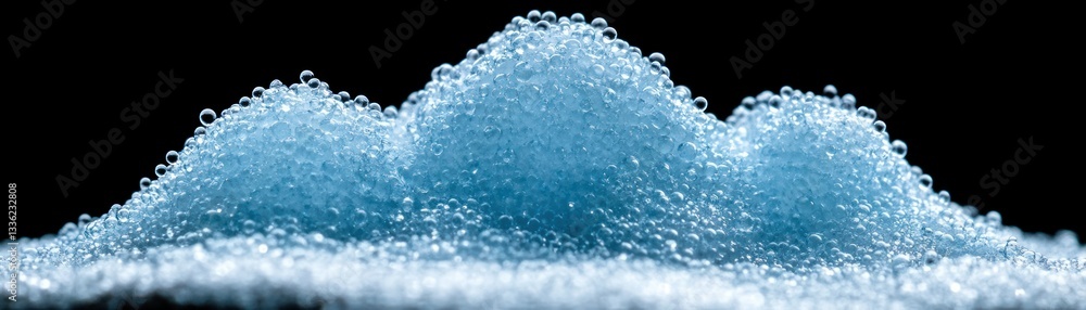 Poster a macro image captures blue bubbles against a black background