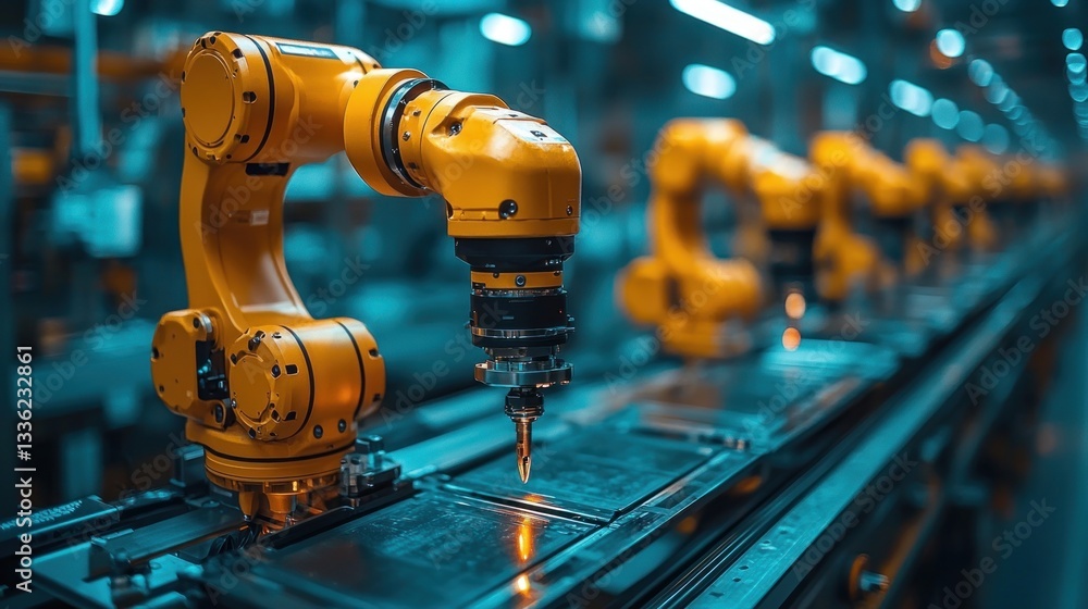Poster robotic arms assembling circuit boards on automated production line.