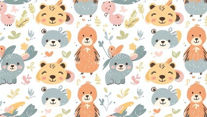 Adorable Cartoon Animals Seamless Pattern: A Whimsical Design Featuring Cute Bears, Bunnies, and Birds in Pastel Colors, Perfect for Kids' Fabric, Wallpaper, or Wrapping Paper