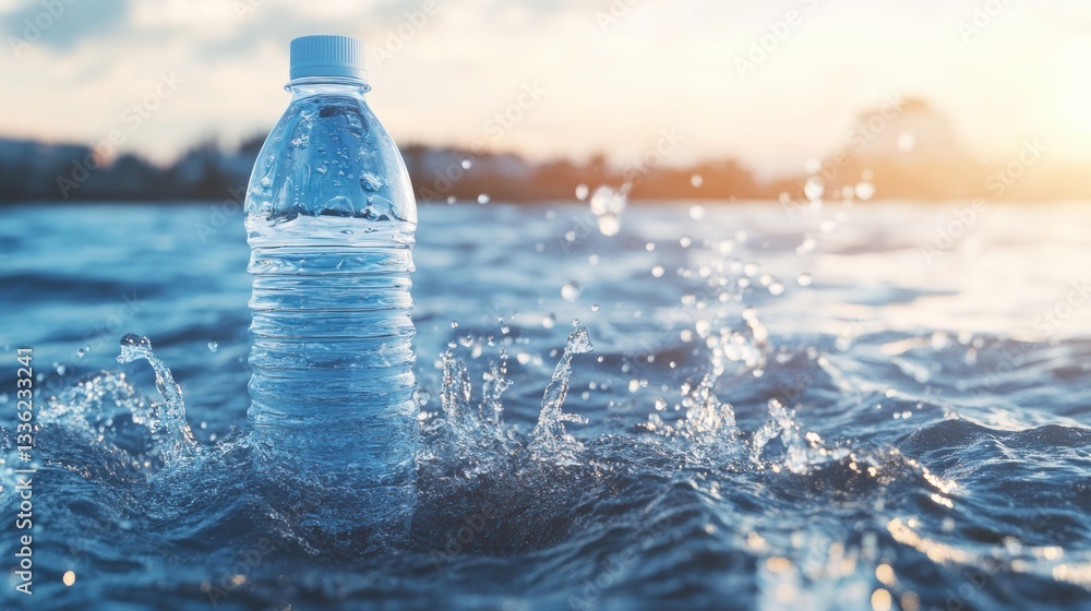 Poster a water bottle floating in ocean water with splashes around it