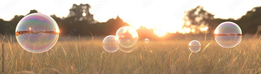 Poster several floating bubbles appear over a grassy field at sunset