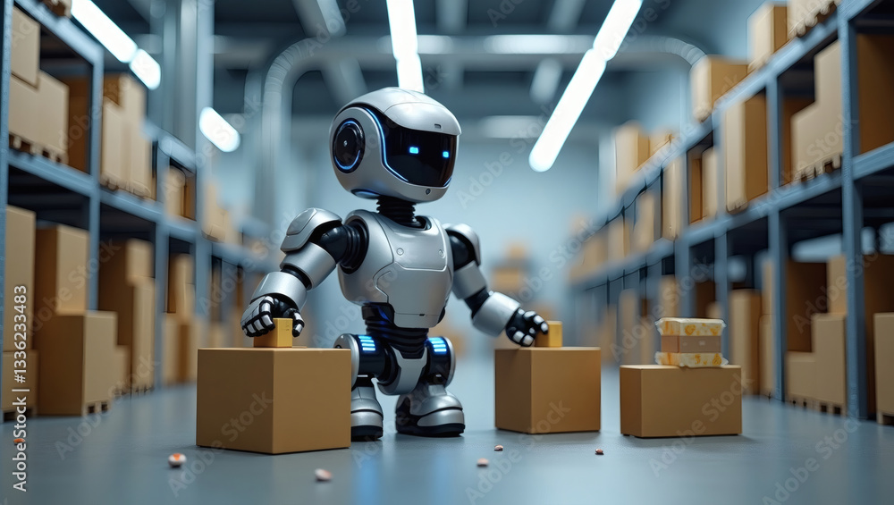 Poster a cute robot efficiently managing packages in a modern warehouse, highlighting automation and technology
