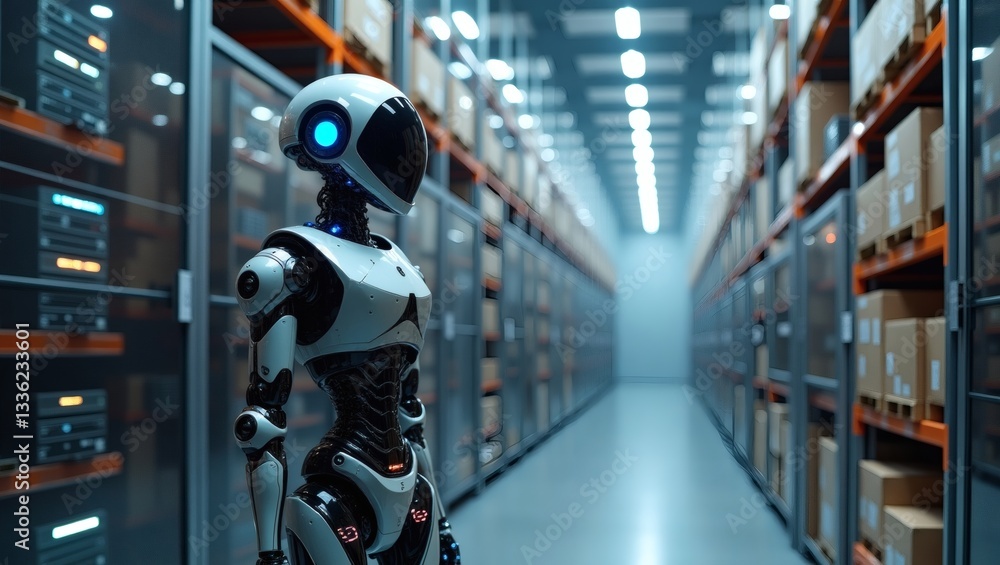 Poster a robot standing in a storage room, with rows of shelves filled with packages