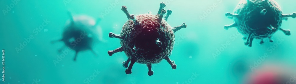 Poster microscopic organisms floating in a turquoise liquid environment