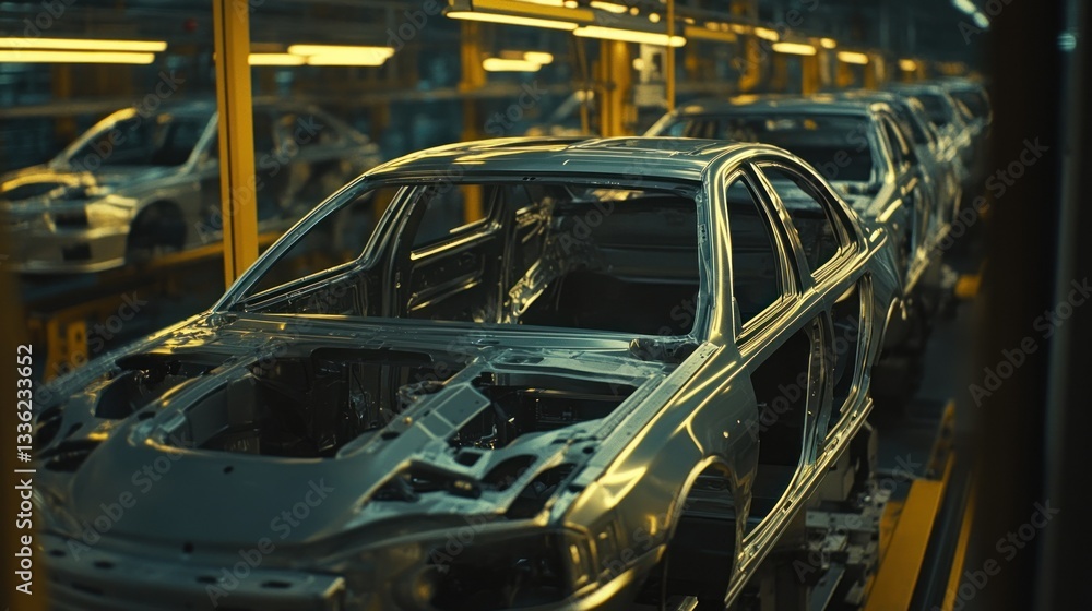 Poster Unfinished automobile frames on the assembly line in a factory