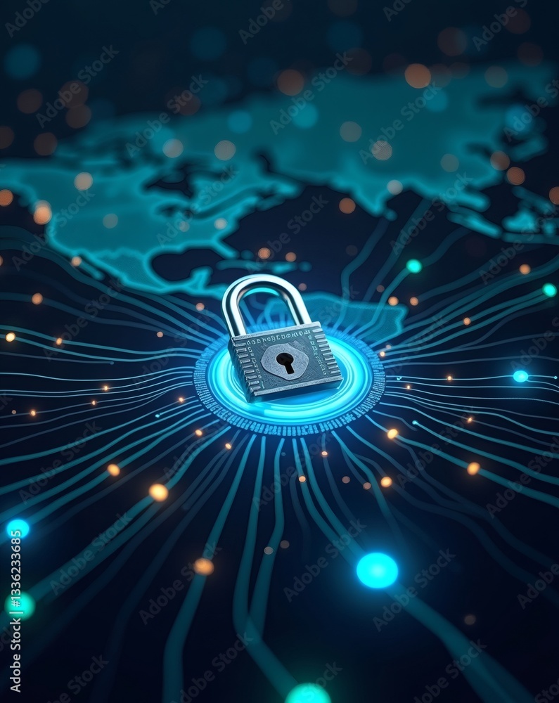 Poster a digital padlock, symbolizing cyber security and data protection, is connected to a network represe