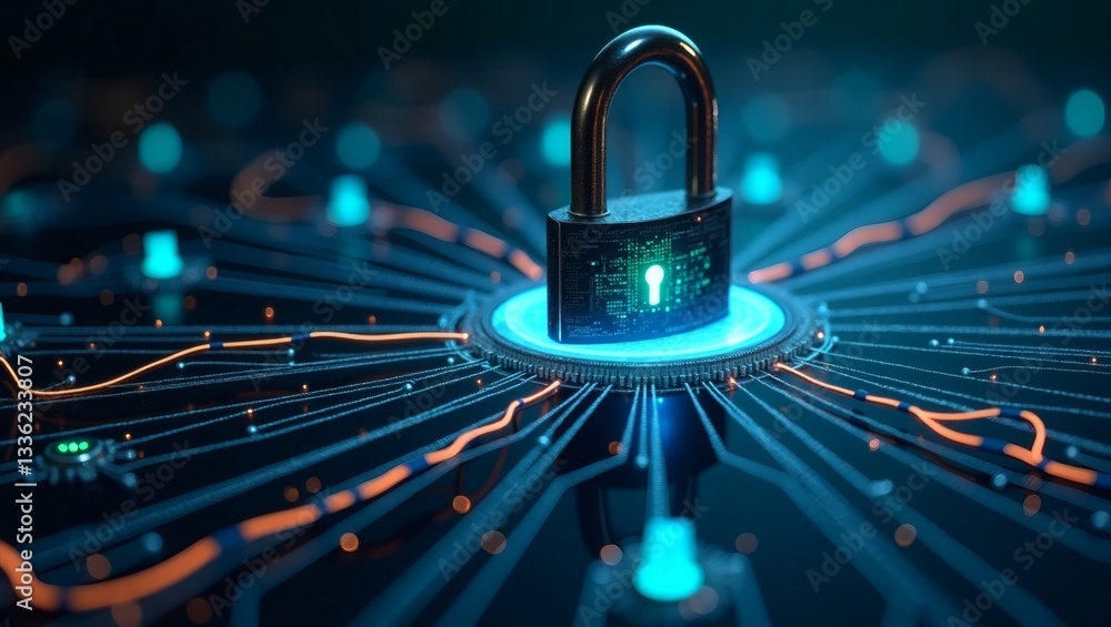 Poster a digital padlock sitting on a circuit board representing cybersecurity and data protection