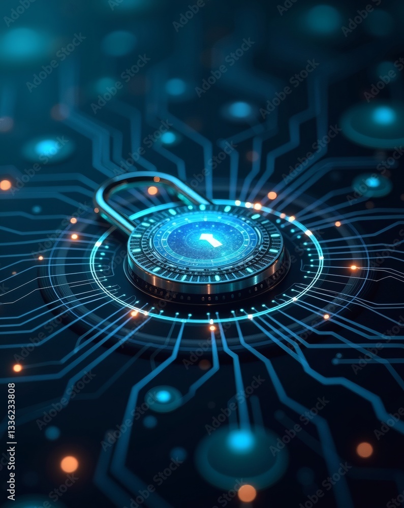 Poster digital security and data protection lock symbol on circuit board background, concept of cybersecuri