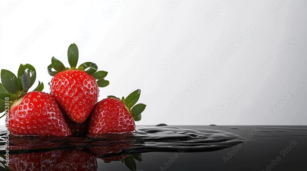 Poster fresh strawberries resting on a reflective surface with a smooth gradient background