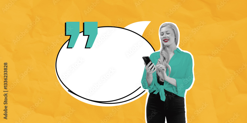 Poster empty speech bubble mockup with a person using a smartphone.