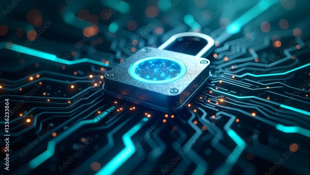 Poster a glowing padlock sitting atop a computer motherboard, representing cybersecurity and data protectio
