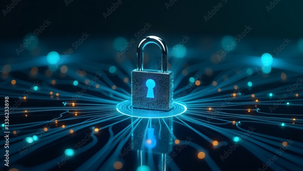 Poster a padlock with a keyhole illuminates with data streams, highlighting network security and data protection. 