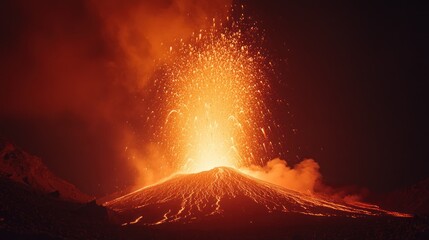 Fiery volcanic eruption sending magma and embers high into the air