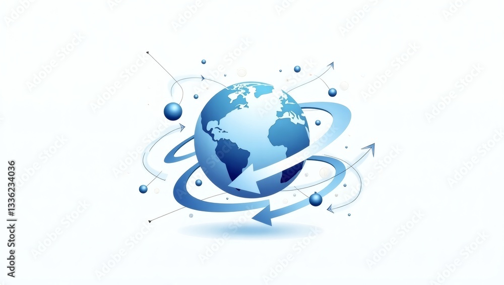 Poster a globe with arrows circling around it, symbolizing global connection, networks, and communication. 