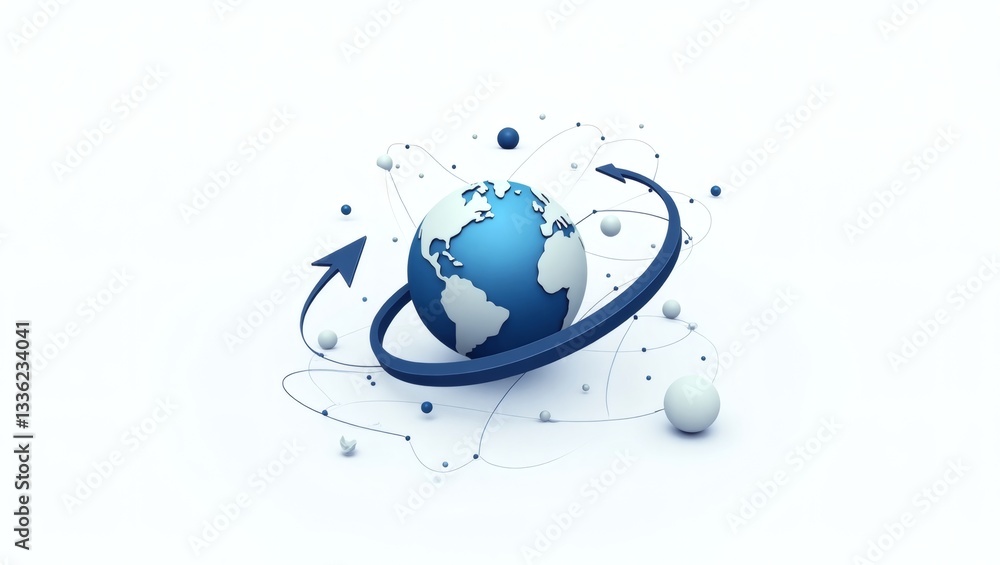 Poster a 3D rendered globe with arrows and interconnected lines, illustrating global communication and networking