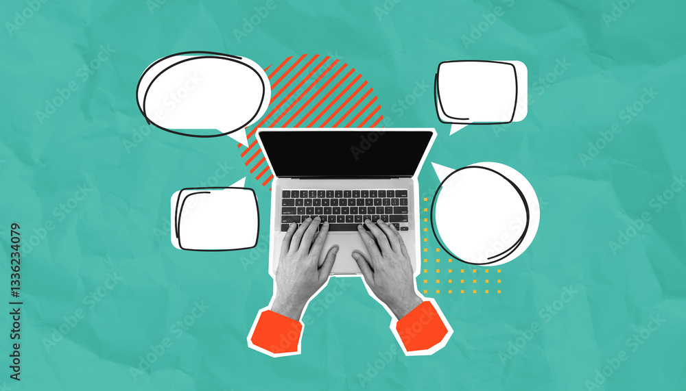 Aufkleber hands typing on a laptop with empty speech bubbles on a turquoise background.