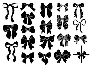 Obraz premium Vintage coquette aesthetic black ribbon bow silhouettes. Romantic girly vibe set. Vector illustration. Isolated decorative holiday elements on white background
