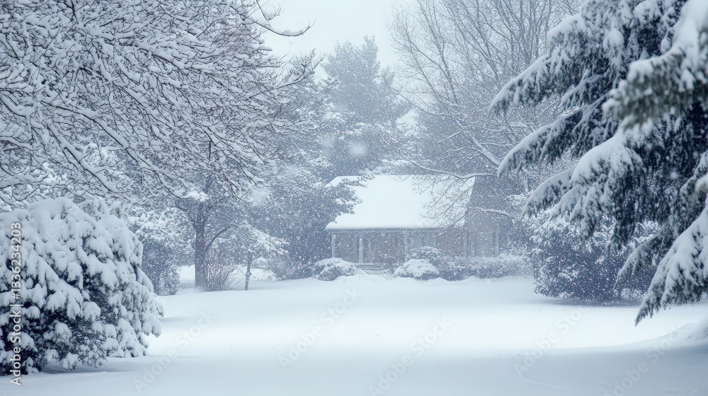Poster the falling snow embraces everything it touches, creating a soft blanket of white that transforms th