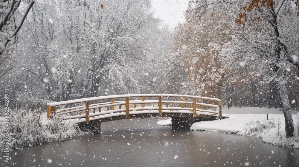 Poster the falling snow embraces everything it touches, creating a soft blanket of white that transforms th