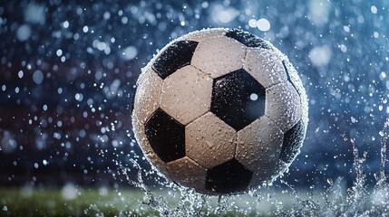 Soccer ball mid-kick with splashing water droplets, capturing dynamic energy and motion.
