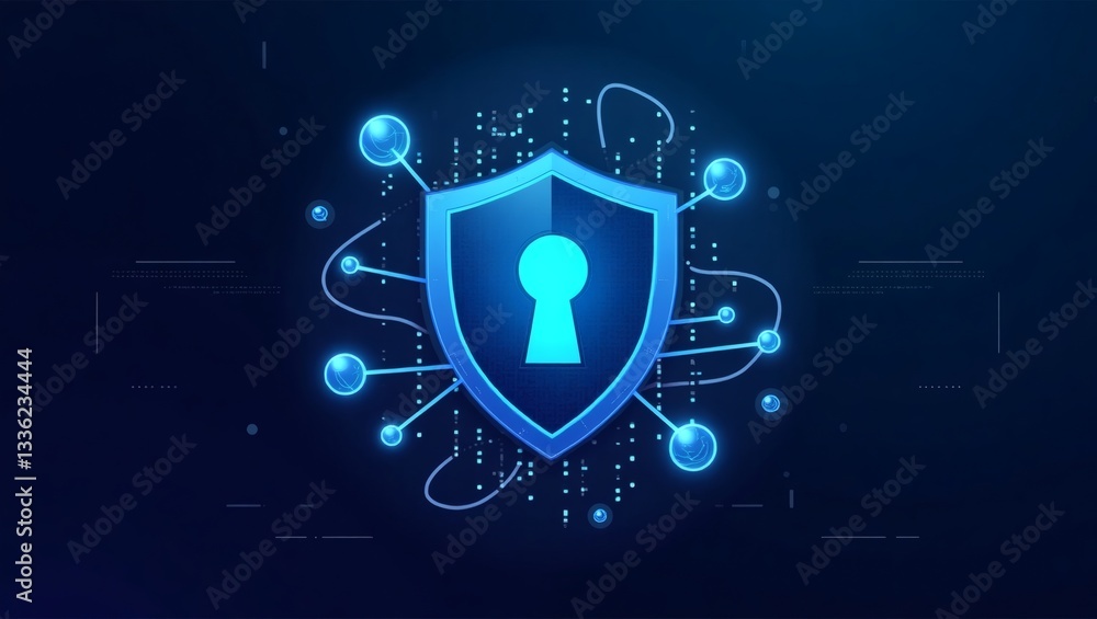 Poster a shield with a keyhole, representing protection, security, and data safety, surrounded by a network of nodes, emphasizing digital security and cybersecurity